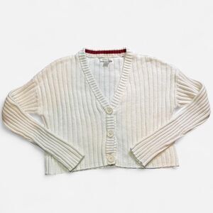 American Eagle White Cropped Ribbed Knit Cardigan; Size XS